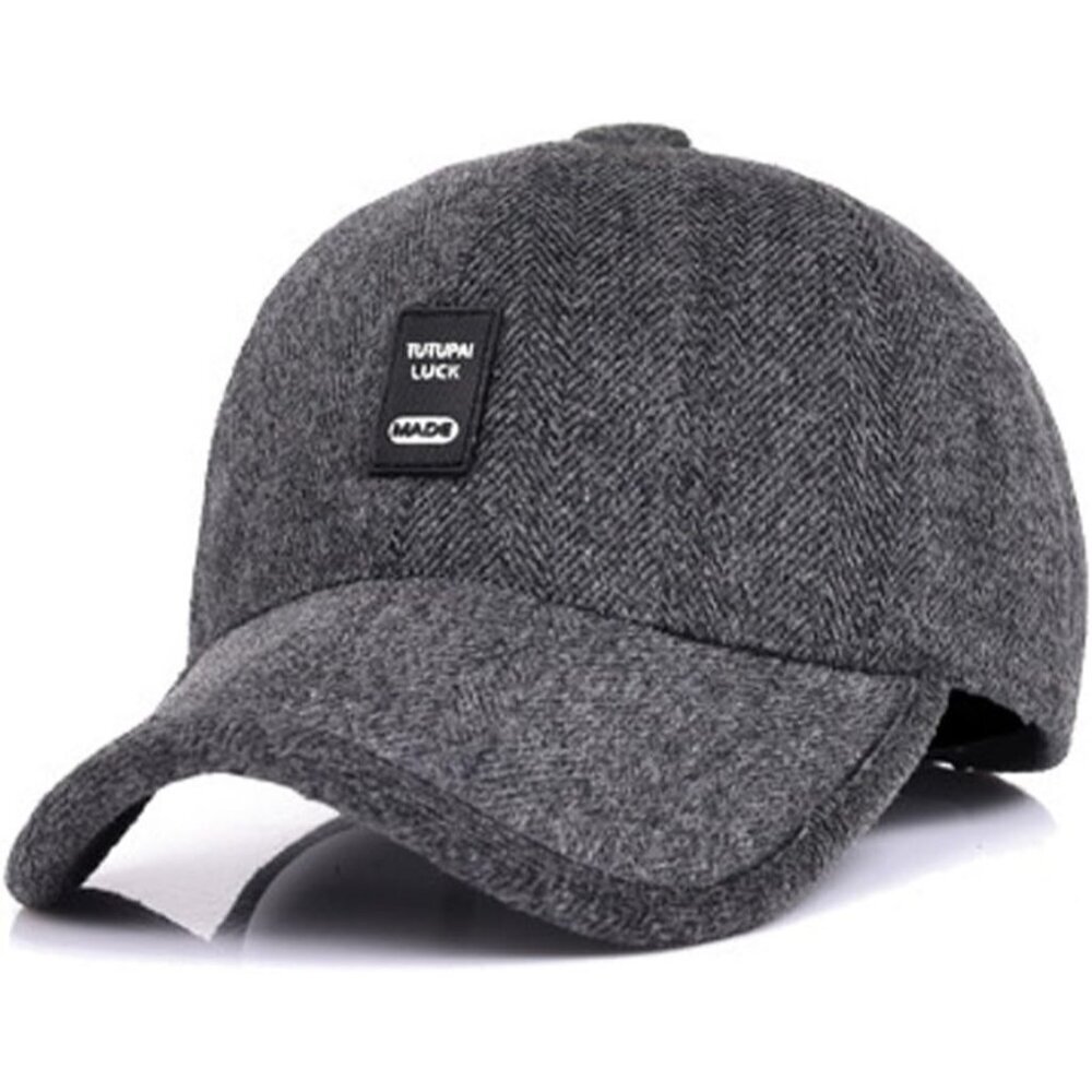 🆕 Men Grey Baseball Cap Winter Warm Wool Tweed Peaked Fold Earmuff Jacket Hat